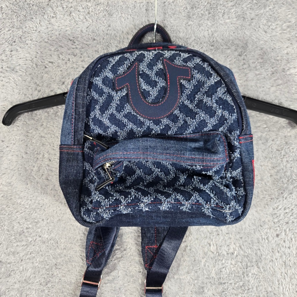 True Religion Denim Mini Backpack Dark Wash Red Stitch Horseshoe Logo Bag